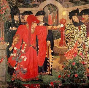 Henry Arthur Payne Plucking the Red and White Roses in the Old Temple Gardens Spain oil painting art